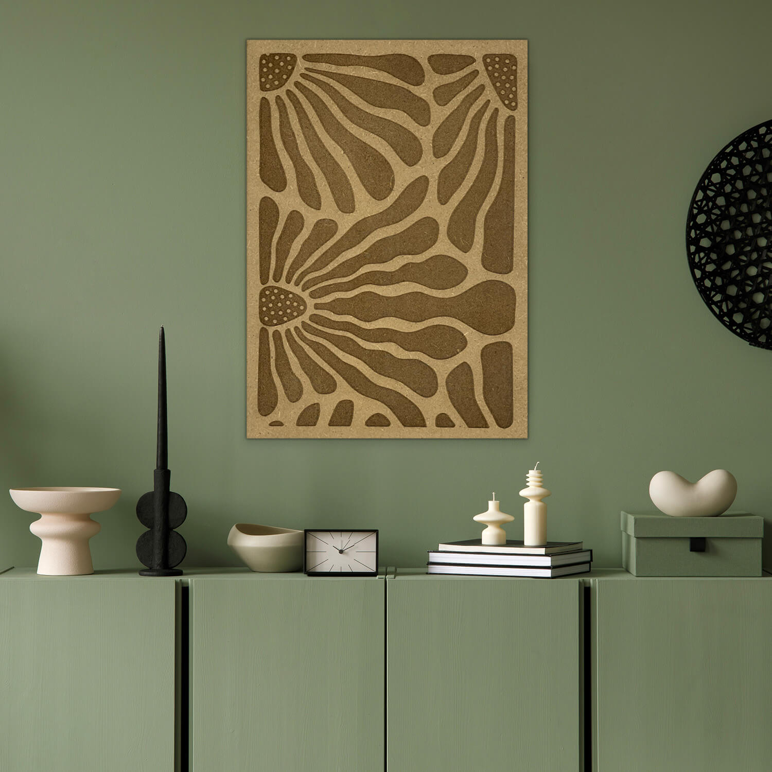 Ce poster en bois est une création originale de Léa Lévi, représentant de manière abstraite un bouquet de marguerites. 
