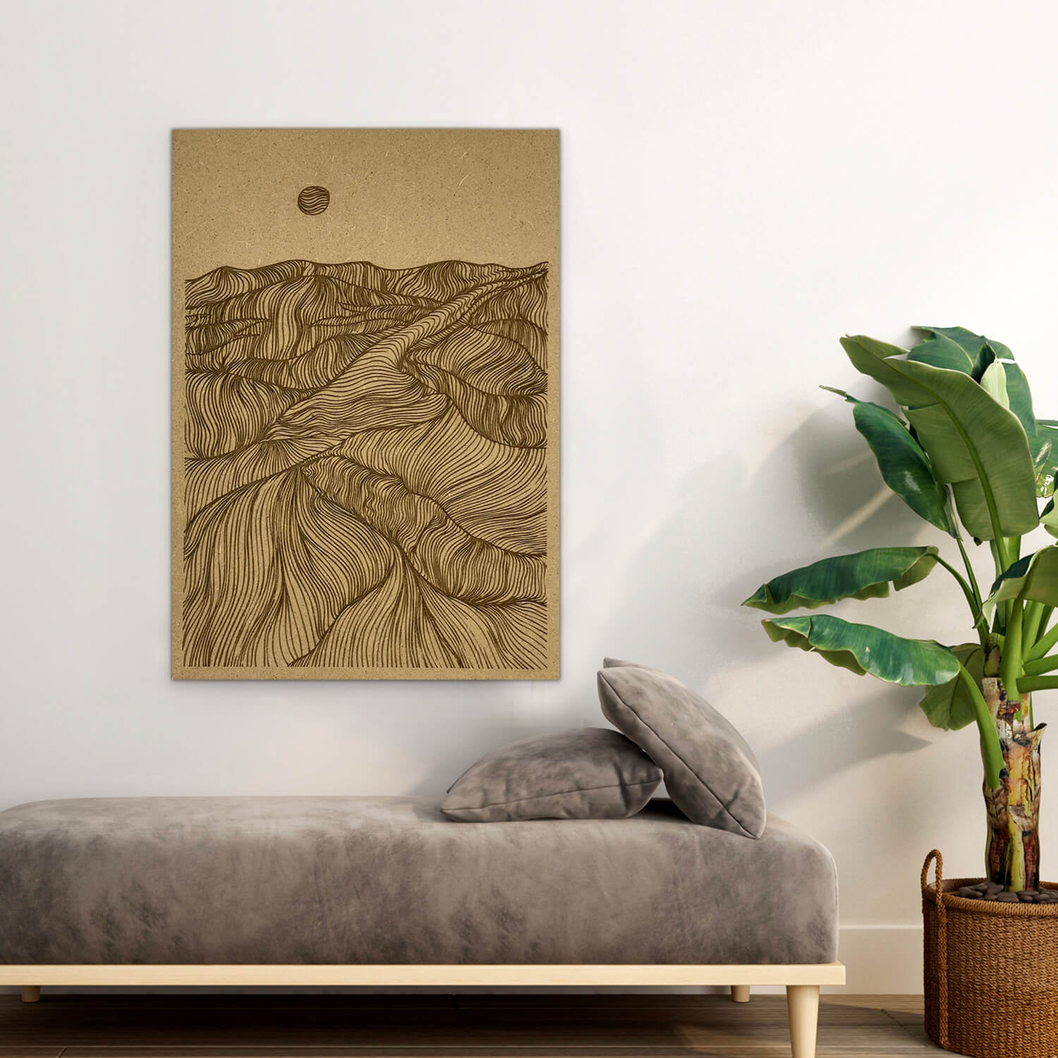 Poster en bois représentant des montagnes abstraites.