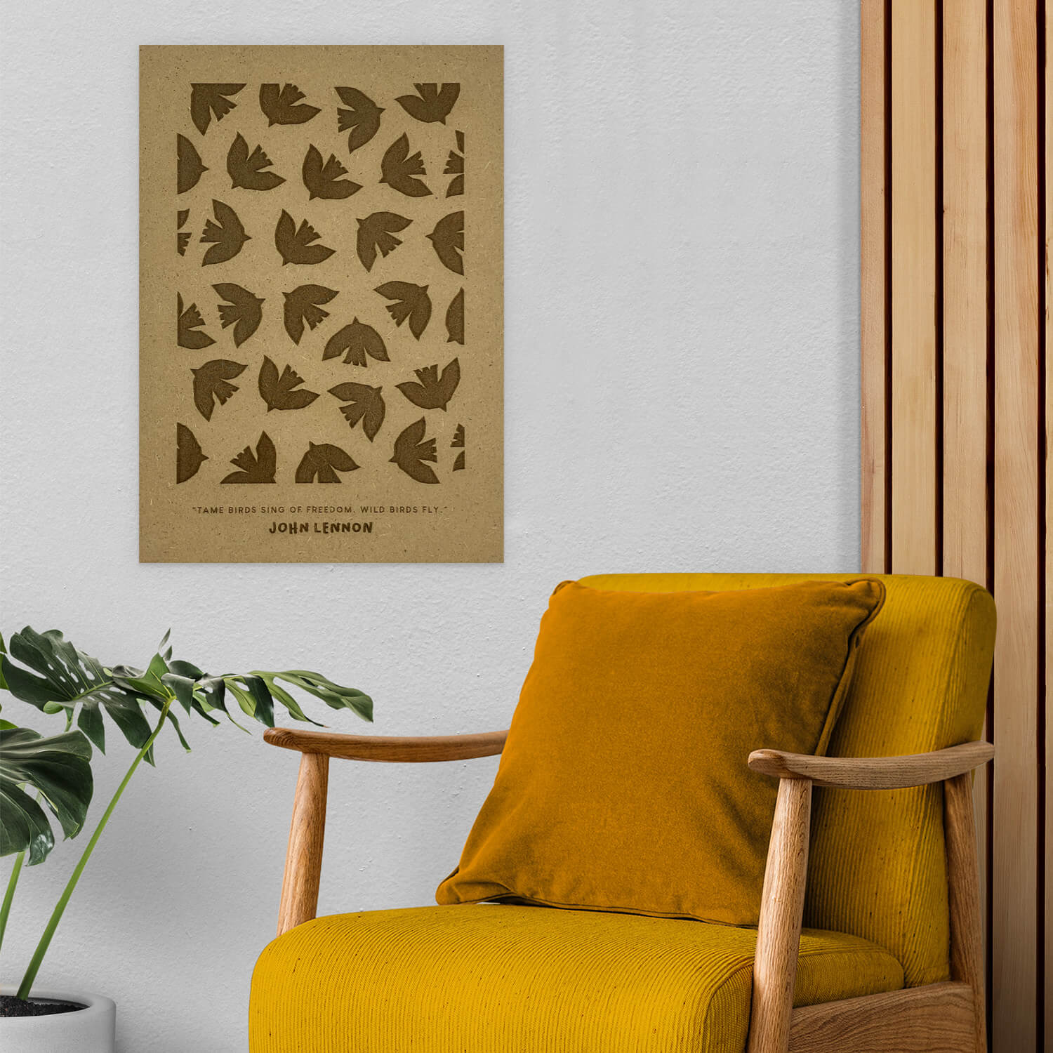 Ce poster en bois est une création originale de Léa Lévi, inspirée par une célèbre citation du chanteur John Lennon sur la liberté.
