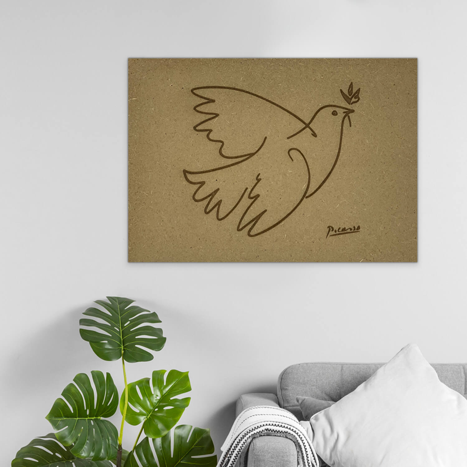 Poster en bois inspiré du dessin du célèbre peintre Picasso "La colombe de la Paix".