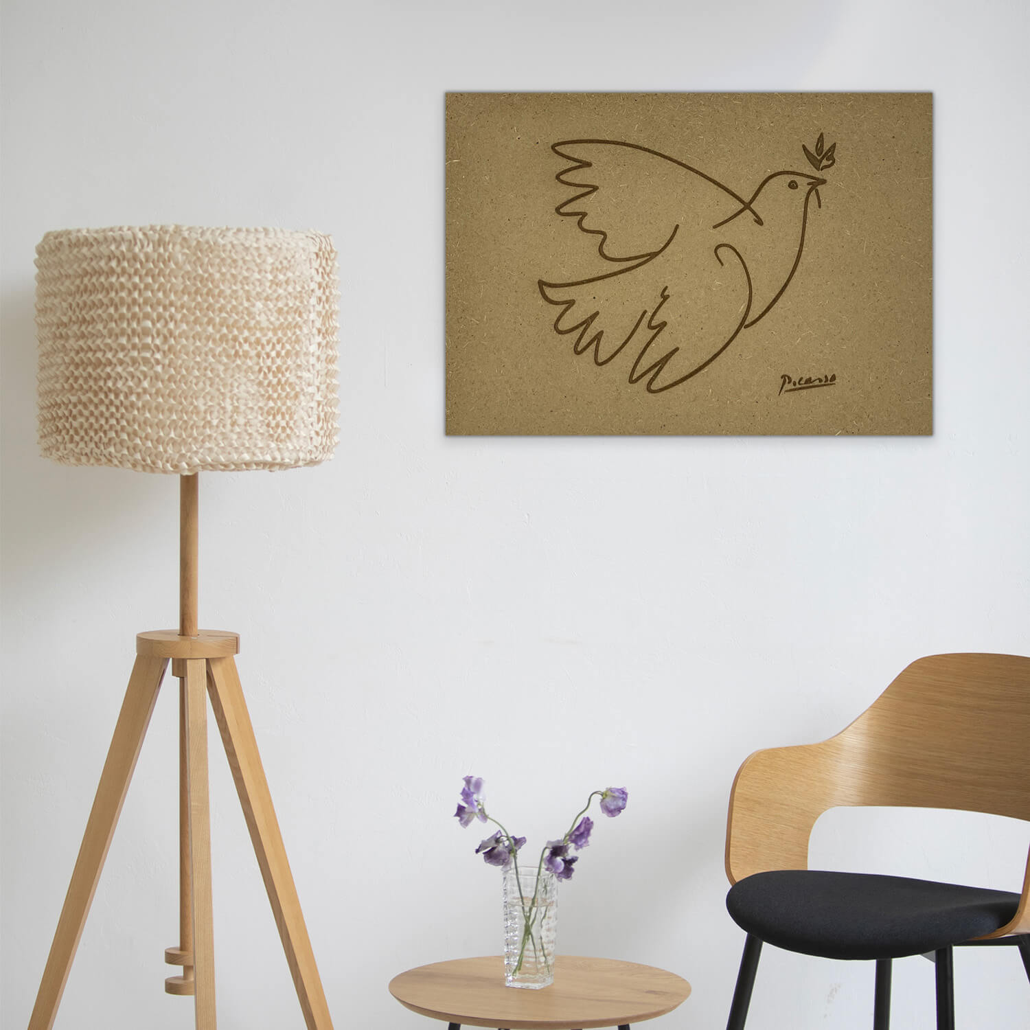 Poster en bois inspiré du dessin du célèbre peintre Picasso "La colombe de la Paix".