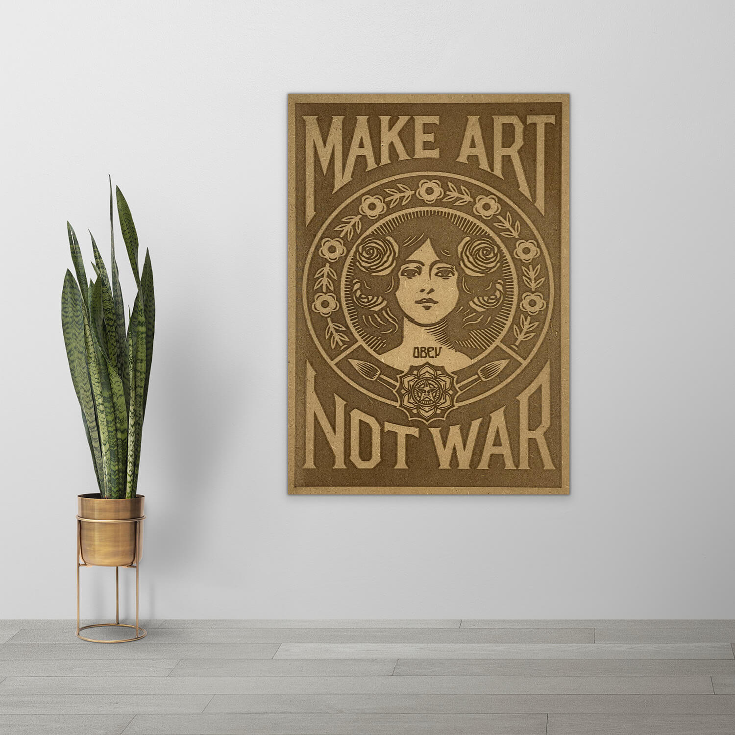 Poster en bois inspiré du célèbre design d'Obey, Shepard Fairey, réalisé après les attentats de Paris en 2015.