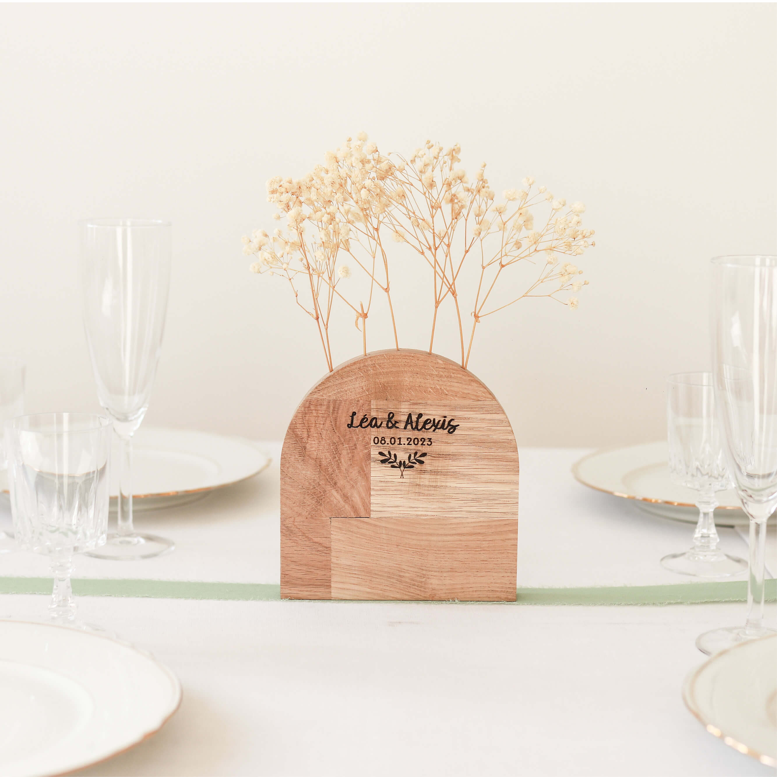Soliflore demi-cercle en bois, vase pour fleurs séchés