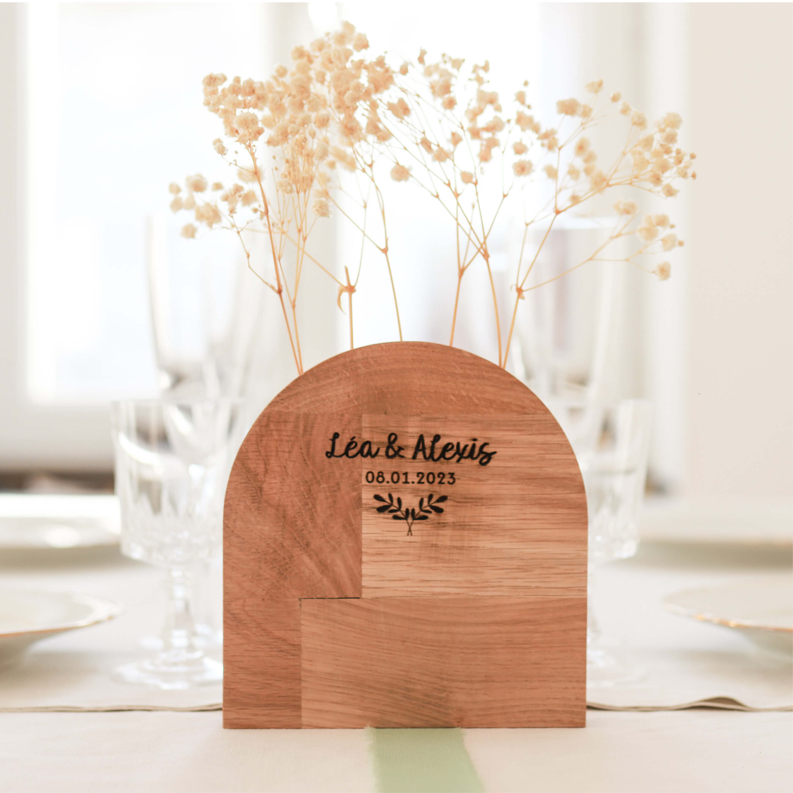 Soliflore demi-cercle en bois, vase pour fleurs séchés